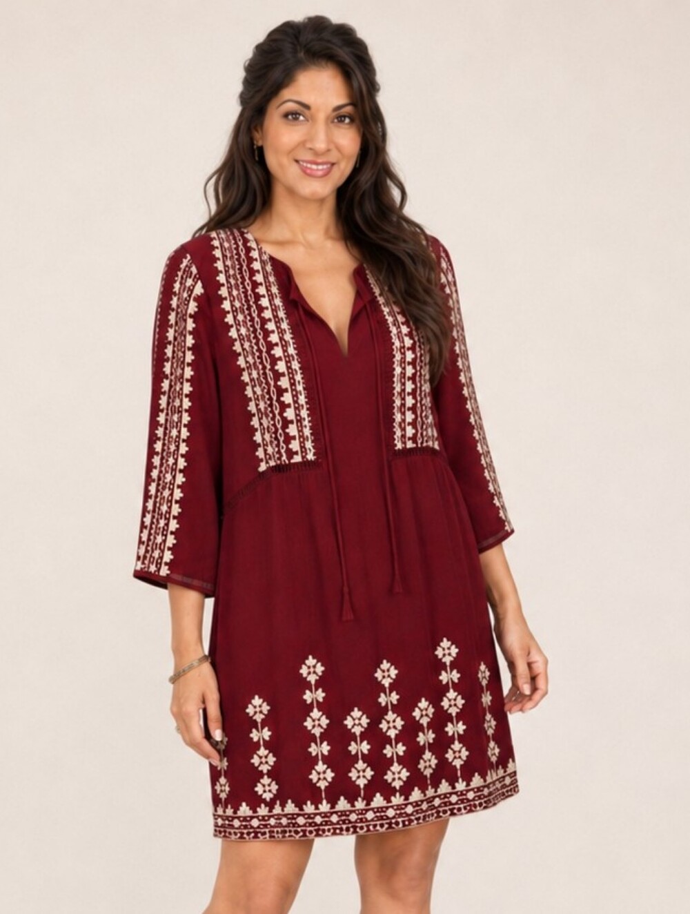 Francesca's Alya | Embroidered Boho Shift Dress - Deep Red & Cream